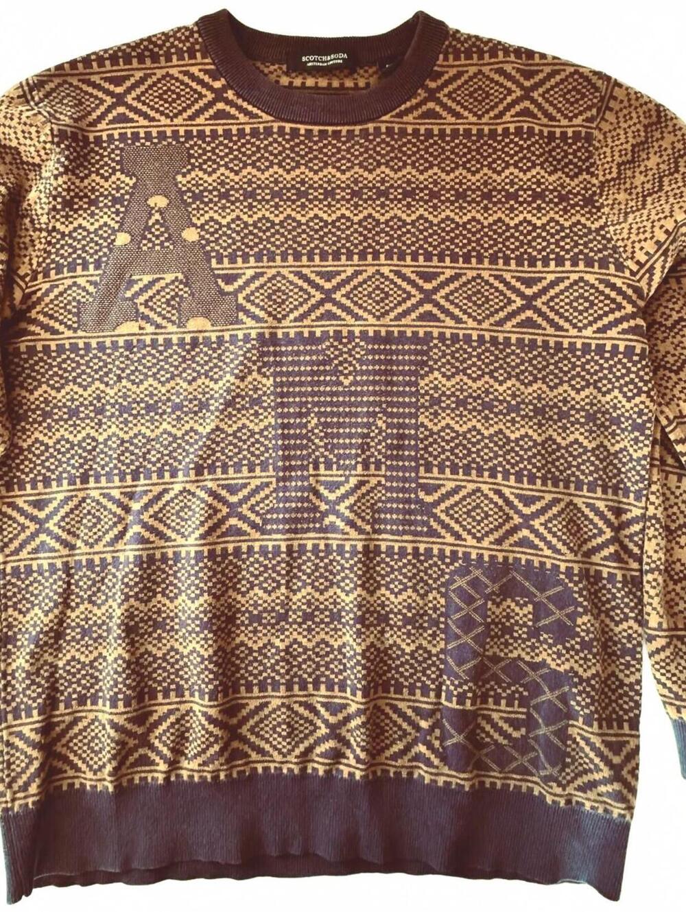 Scotch & Soda Men's Amsterdam Couture Mustard/Burgundy Patterned Sweater- Size L